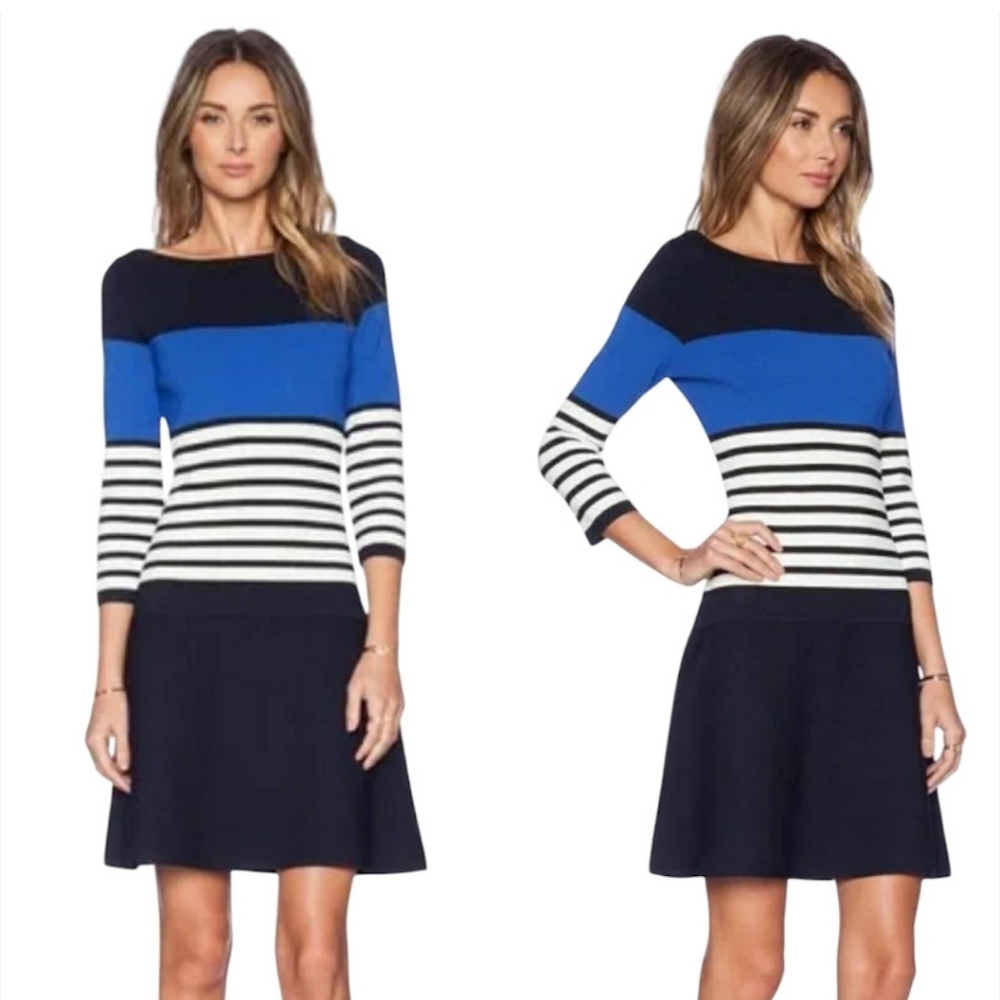 kate spade fit & flare dress boat neck long sleeves navy royal ivory sz M